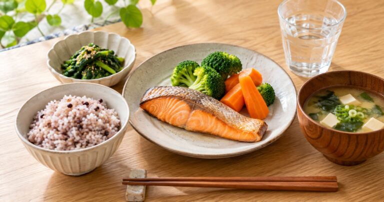 雑穀ごはん、焼き鮭、野菜、豆腐のみそ汁をそろえたバランスのよい食事